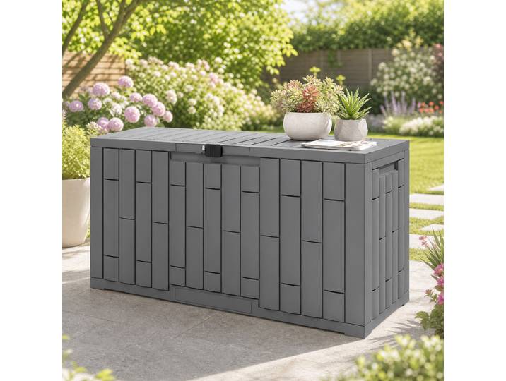 Outsunny Coffre Jardin Résine 227L Gris Fermeture à Clé Anti-UV