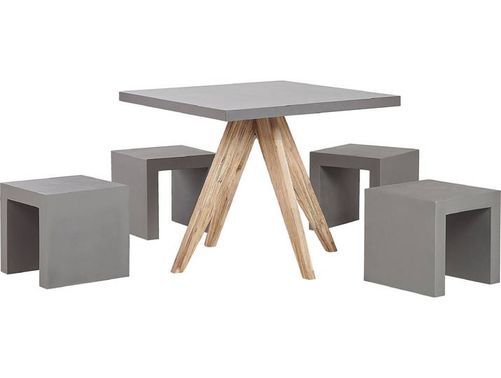 BELIANI Gartenset Tisch 200x100 cm und 8 Hocker Beton Akazienholz-Gestell rustiklaler Look Gartenausstattung Gartenmöbel Garten und Terrasse