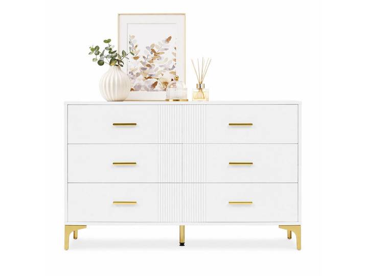 Evryae Sideboard mit 6 Schubladen und Wellen Front, E1 Spanplatte Metallbeschläge modern, Weiß, Rechteckig, rund, 120x76x40 cm, Kleinmöbel, Kommoden, Sideboards