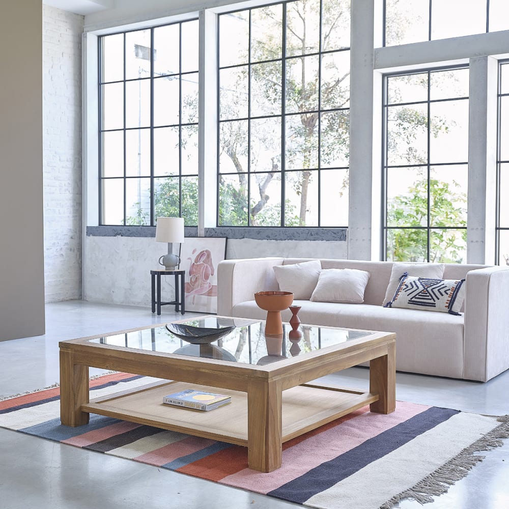 BERAH GETAH Table basse en teck massif vitrée Beige 120x40x120cm