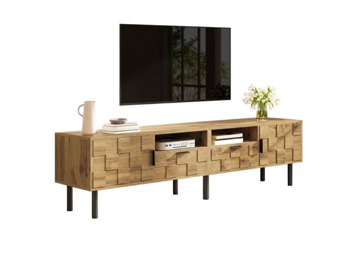 Meuble TV - SENVIRO mosaïque 160 x 35 x 42 5 cm 2 portes 2 tiroirs 2 niches ouvertes passe-câbles effet bois métal