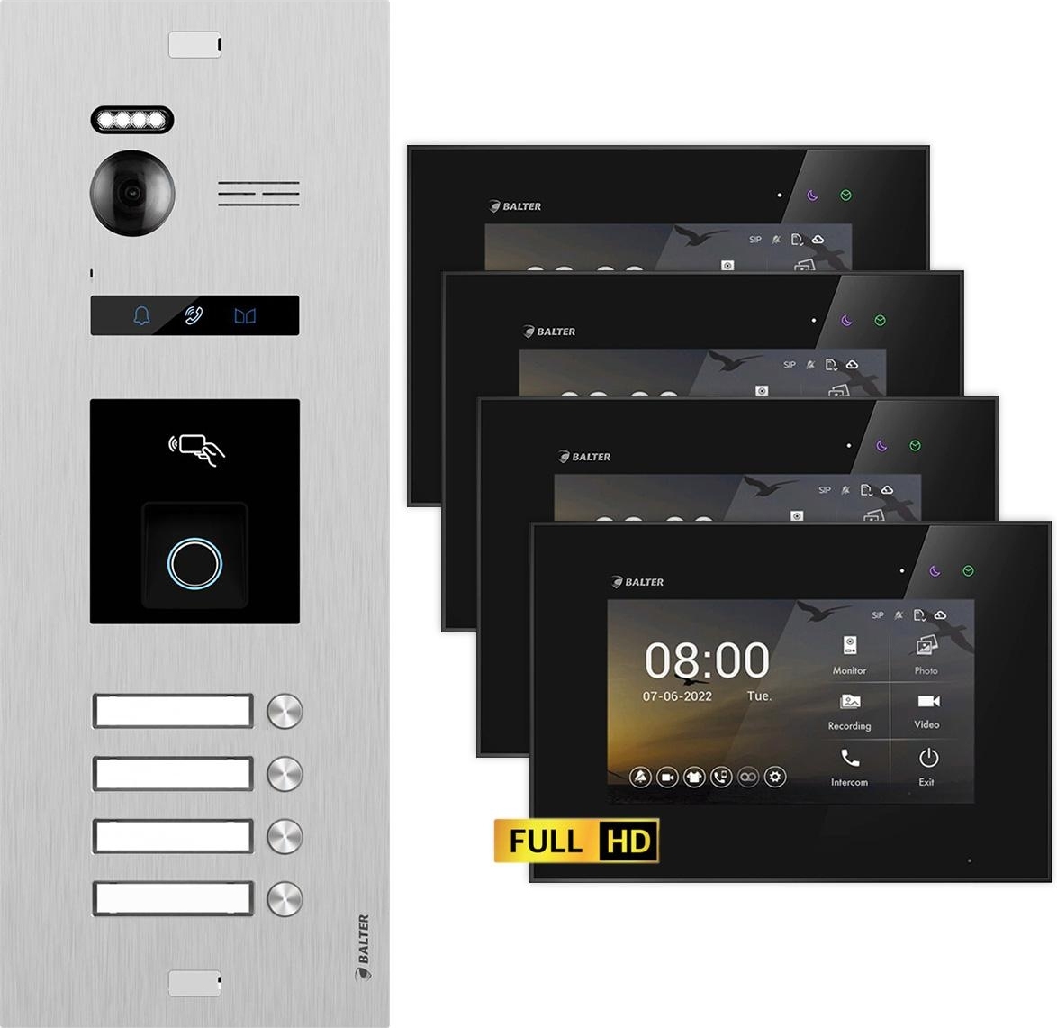 BALTER EVO HD Silber RFID/Fingerprint 4x7" Schwarz Video Türsprechanlage Set 4 Familienhaus