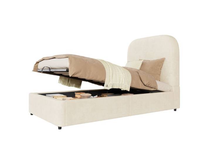 VLIVRA Lit coffre enfant Lit Simple Coffre 90×200 cm - Tête Rembourrée - sans matelas - en Velours Beige
