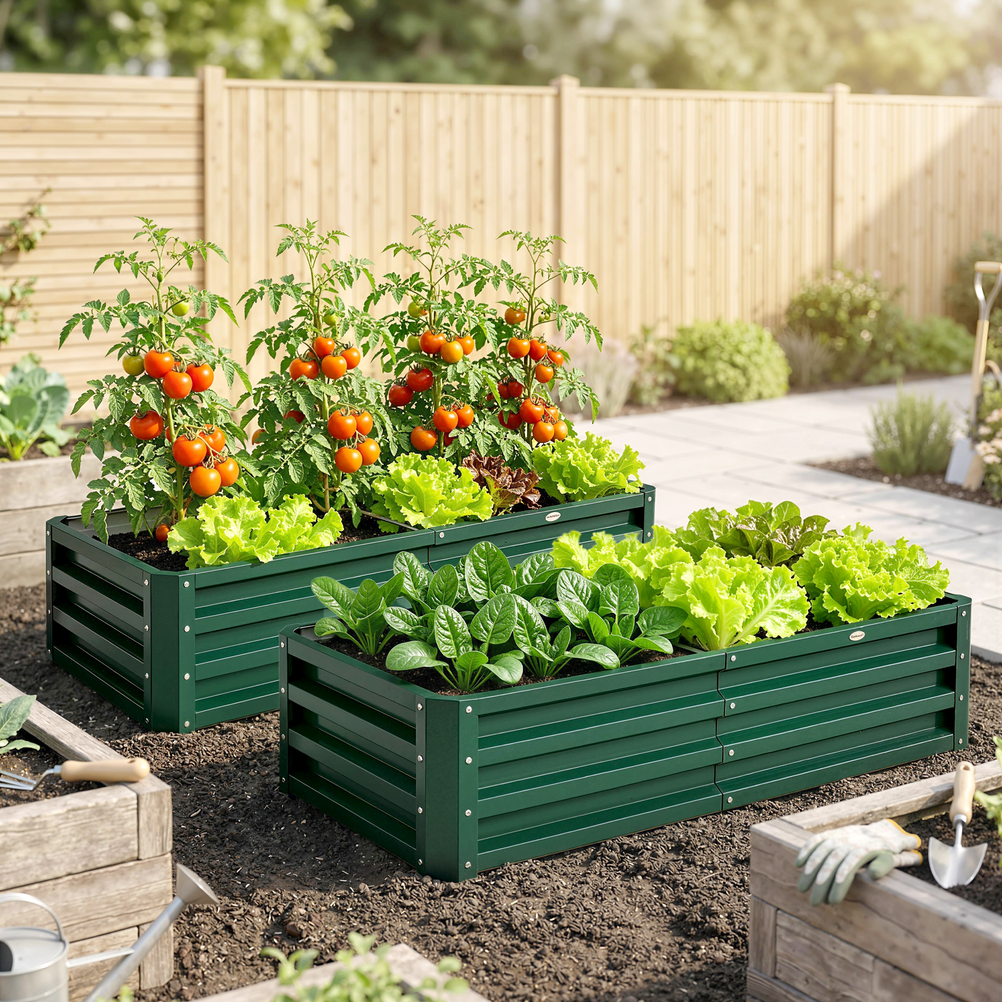 Outsunny Set 2 orti rialzati rettangolari in acciaio ondulato, 120x60x30,5 cm, Verde scuro   Aosom Italy