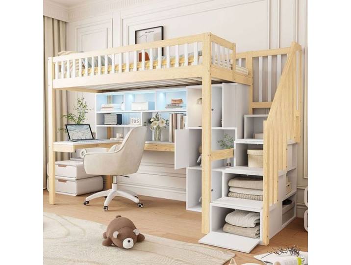 Lit mezzanine enfant avec bureau Bois 90x200cm + Rangement 3 portes 3 compartiments blanc LIT MEZZANINE