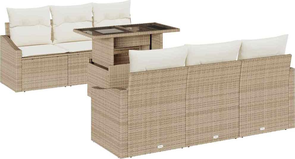 Modulares Garten-Sofa-Set, Poly-Rattan & Stahl, wetterfest, höhenverstellbarer Tisch, Stauraum, 6 Sitzplätze, Beige, 7-teilig