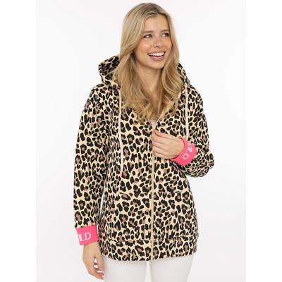 Kapuzensweatjacke ZWILLINGSHERZ "WILD WILD", Damen, Gr. S/M, beige, Sweatware, Obermaterial: 50% Baumwolle, 50% Polyester, Sweatjacken, Leomuster, Kapuze mit Kordel, Bündchen mit WILD Print, Zipper