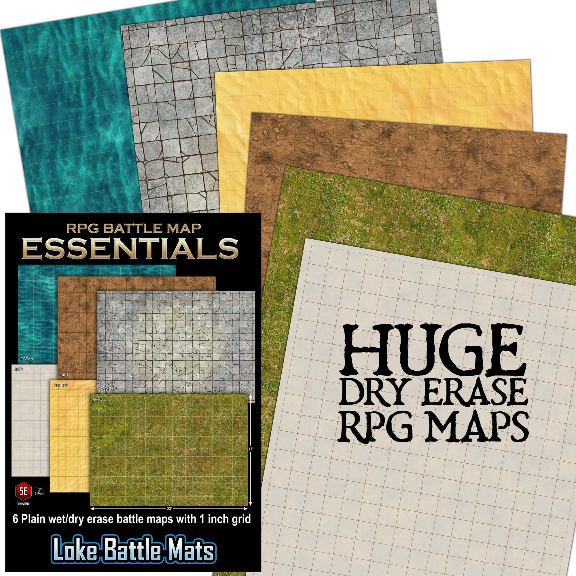 Loke Battlemats Essential RPG Battle Maps Starter Set – 6 Plain Wet/Dry Erase Battle Maps with 1-Inch Grid for Tabletop Adventures