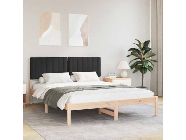 Massivkiefer Leinen Look Polsterbettgestell Schlafzimmer 160x200 cm Schwarz Bettgestell mit gepolstertem Kopfteil Schwarz 160x200 cm Massivholz Kiefer Lattenrost ohne Boxspring Lesen Entspannen