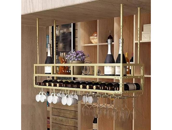 OOPDNEGAK Decken-Weinglasregal, Hängender Präsentationsständer Mit Glashalter Regal, 2-lagiger Industrieller Hängender Weinflaschenhalter, Deckenregal Aus Metall, for Bar, Café(B,100x30CM)
