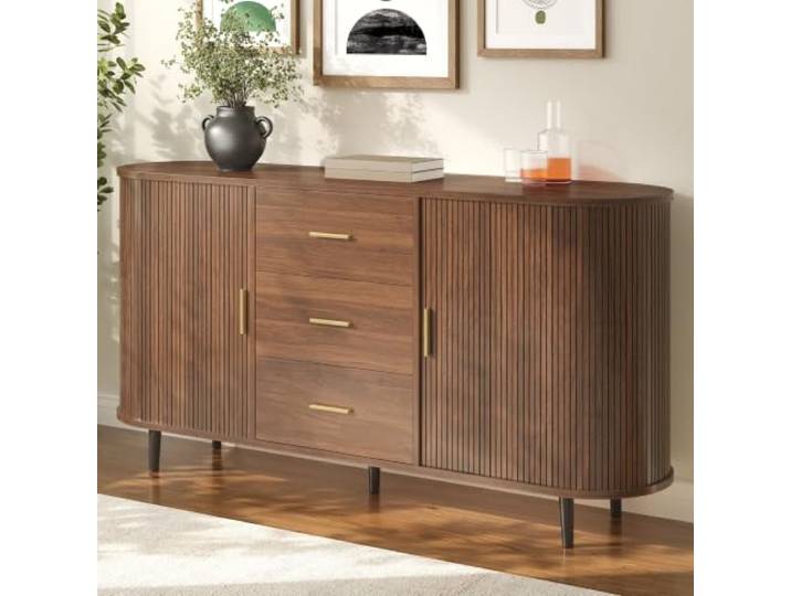 Merax Sideboard 160x40x80,5cm, mit 3 Schubladen mittig, Schiebetüren seitlich, vertikaler Rillenverkleidung & Eisenrohr-Füßen – Dunkel Holzfarbe