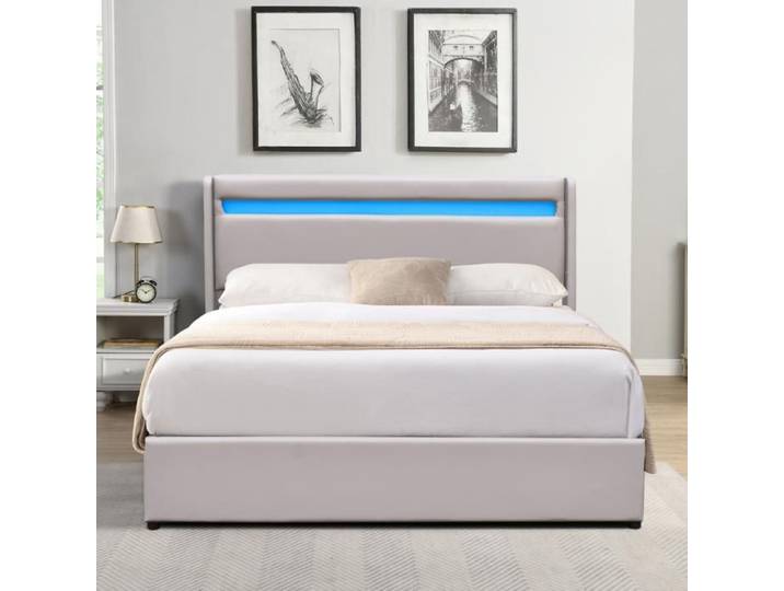 Lit coffre - NUIT D'OR - 140x200 cm - Tête de lit LED - Montage facile - Gris