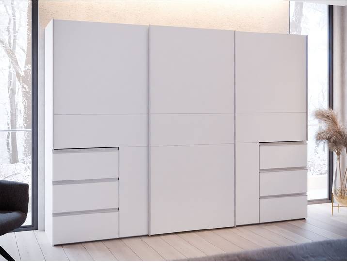 Schwebetürenschrank FORTE, weiß, B:269,7cm H:200,5cm T:61cm, Dekorfolie, Holzwerkstoff, Metall, Schränke, Schwebetürenschrank, Schwebetürenschrank, Stauraum, 6 Schubkästen, erhältlich in 2 Dekoren