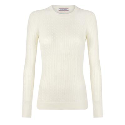 Rundhalspullover FELIX HARDY "Zopfmuster Pullover mit Rundhals", Damen, Gr. L, weiß (ecru), 100% Baumwolle, Rundhals, Pullover Rundhalspullover