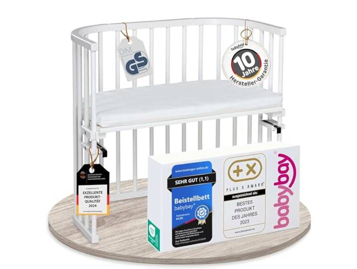 babybay Original Beistellbett, GS-geprüft, weiß lackiert, mit Matratze Das Original vom Erfinder der Beistellbetten, massive Buche, stufenlos höhenverstellbar & mitwachsendes Babybett