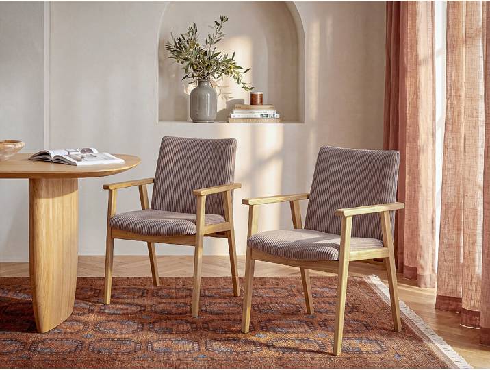 6er-Set Stuhl mit Armlehnen aus Cord-Samt und Hevea-Holz - Taupe FILDON
