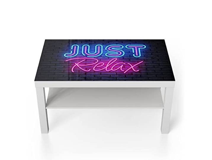 DEQORI Glastisch weiß groß 90x50 cm Motiv Spruch im Neon-Design ausgefallener Beistelltisch aus Glas Hochglanz Couchtisch fürs Wohnzimmer moderner Couch Tisch mit Design