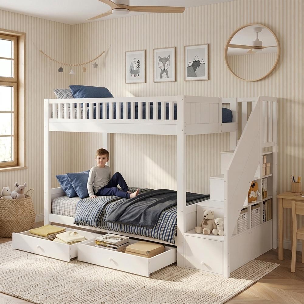 Kinder Etagenbett 90x200 aus Holz in Weiß mit Stauraumtreppe, 2 Bettkästen und Rausfallschutz für Kinderzimmer