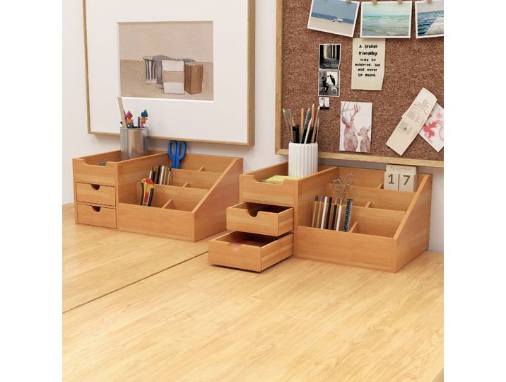HOMCOM Lot 2 Organiseurs Bureau Bambou 7 Compartiments 2 Tiroirs