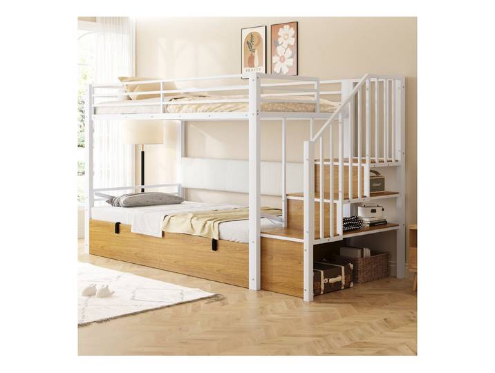 STILVORA Etagenbett 90x200 Jugendbett mit hydraulische Funktion und Sicherheitsleiter weiß (Funktionbett mit weiche Rückenlehne, Treppe mit integrierten Staufächern Zwei Montageoptionen), ideal für kleinere Räume