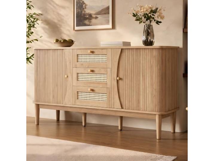 Elaimoros Sideboard, Rattankommode, Kommode mit Schiebetüren, verstellbaren Einlegeböden und Abgerundeter Platte，Holzfarbe