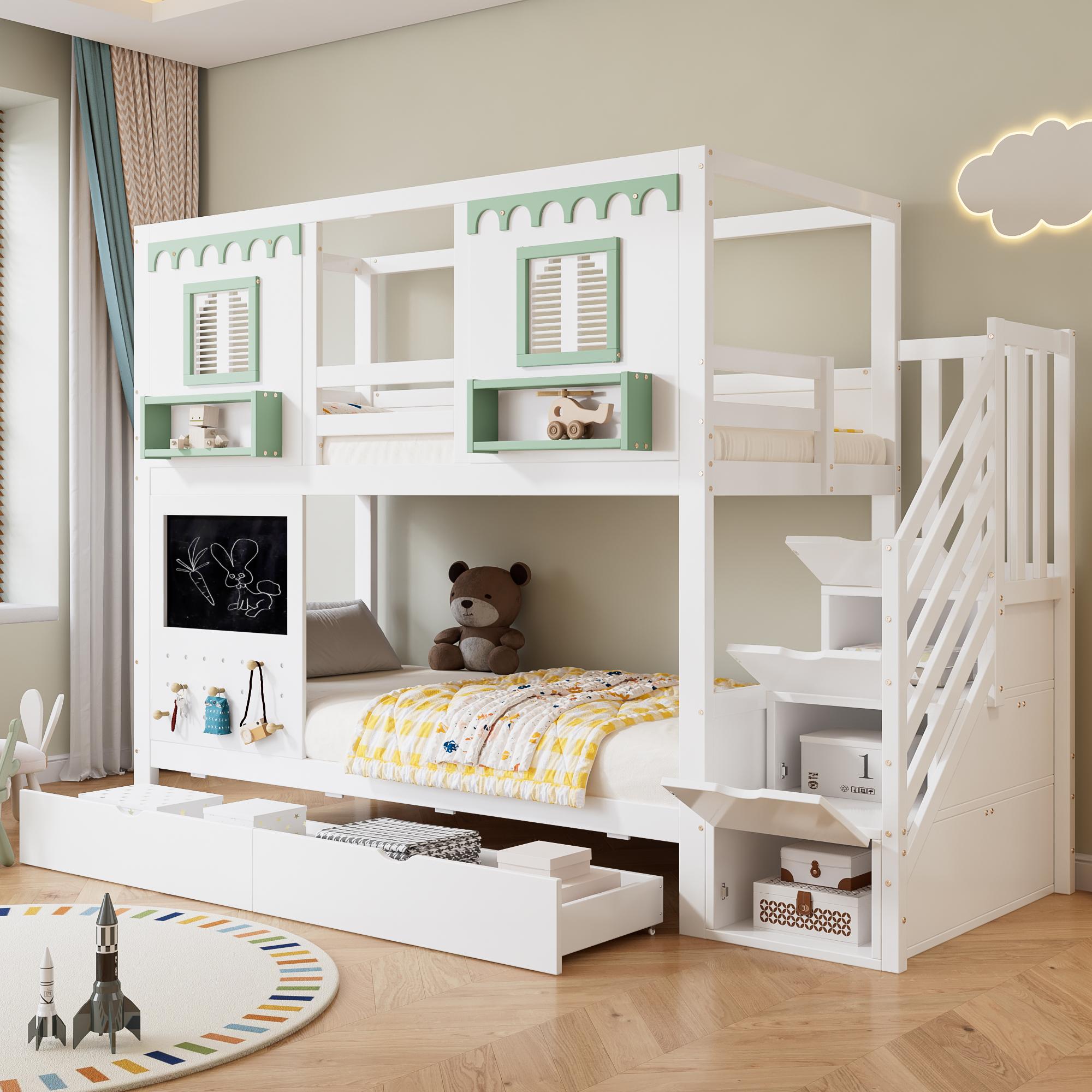 Merax Etagenbett 90x200cm mit Treppenaufbewahrung und Fenster, Kinderbett Holzbett mit 2 Schubladen, Jugendbett mit Lochbrett und Holzhaken, Weiß+Grün