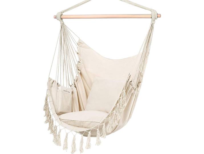 Chaise suspendue en macramé avec 2 oreillers Balançoire en corde de coton d'une capacité de 500 lb Conception de poche Utilisation intérieure/extérieure