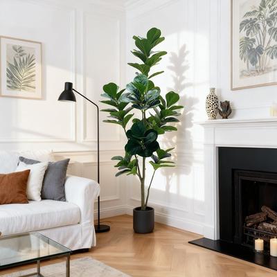 Garvee Plastic Artificial Fiddle Leaf Fig Tree 5 & 6 Ft Gray Pot Stones