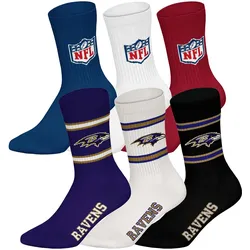 NFL Unisex Socken, 6er Pack - NFL Teams, 6Pack Crew Socks, Football, Logo, Baumwollmischung Baltimore Ravens/Mix / 39-42