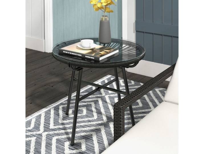 Table de jardin ronde en rotin PE avec plateau en verre trempé pour balcon et terrasse noir 50 × 50 × 50 cm - UVRION