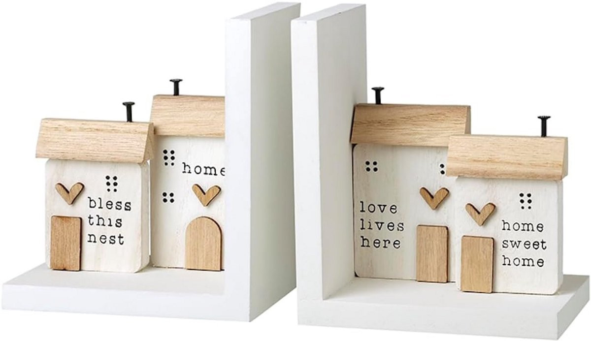 Set van 2 rustieke houten huis boekensteunen voor je boekenplank