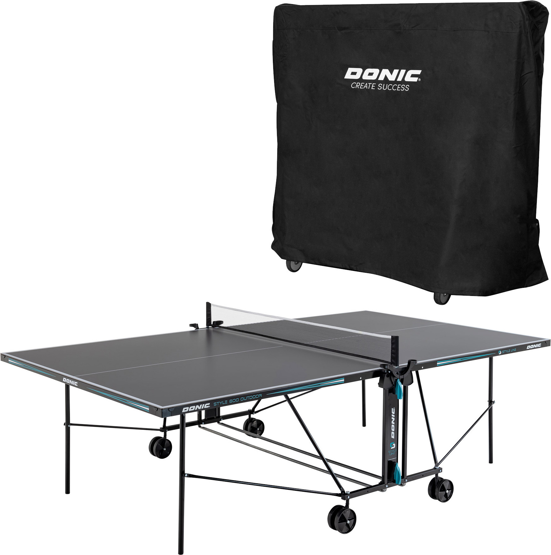DONIC Outdoor + Indoor Tischtennisplatte Style 600, inkl. Abdeckhülle, wetterfest, klappbar, inkl. Netz, mit Ball- und Schlägerhalterung, Profi-Tisch