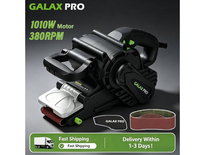 Ponceuse à bande GALAX PRO 1010W avec contrôle de vitesse et connexion à aspiration, sac à poussière, meuleuse à bande avec meule pour le travail du bois