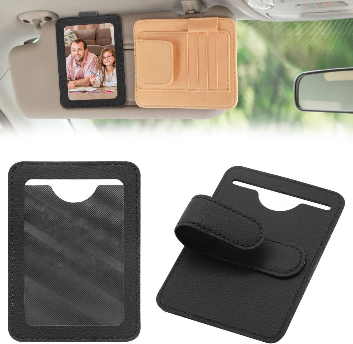 Dailygoods Magnetische Fotolijst voor Auto met Leren Houder - 2 Stuks - Zonneklep Organizer