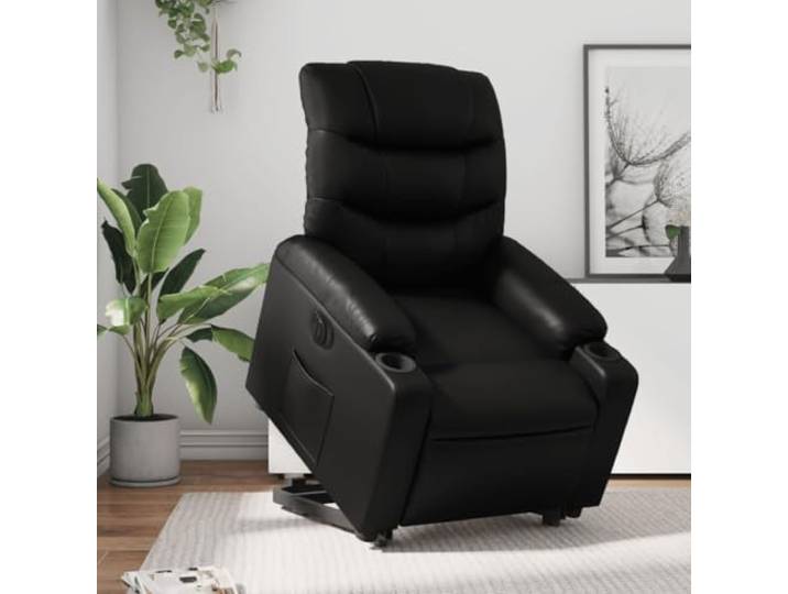 HEFZGDB Elektrischer Relaxsessel mit Aufstehhilfe und Liegefunktion in Schwarz Kunstleder, bequem gepolstert mit Seitentasche, Solider Holz-Metall-Rahmen, ergonomische Unterstützung