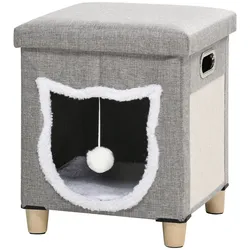 PawHut Katzenhöhle, Katzenhaus mit Kissen Ottomane mit Spielball Polyester, Grau