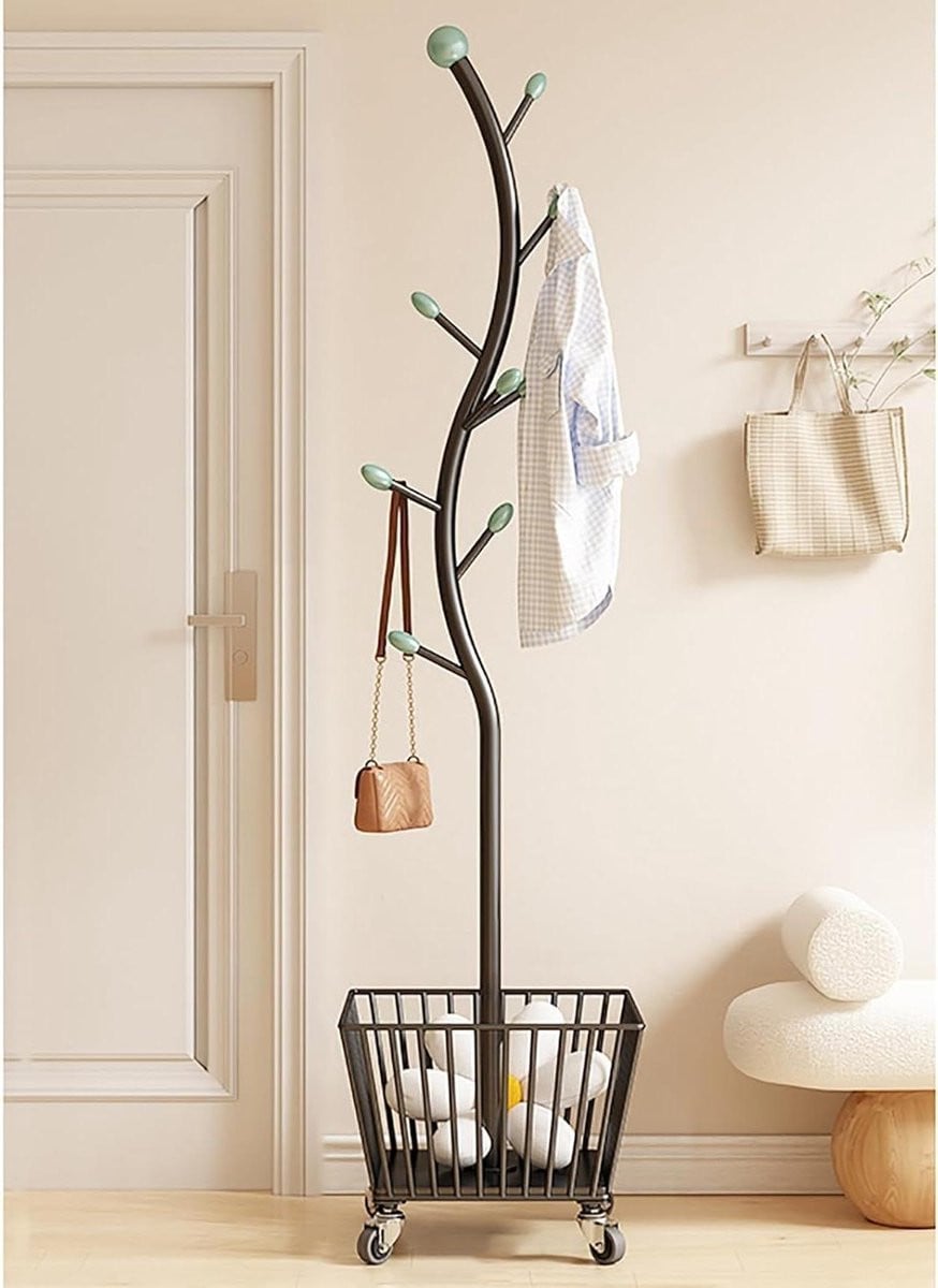 Metalen kledingrek Zwart met opbergmand - Vrijstaande hanger voor entree en slaapkamer - B: 30 cm, H: 173 cm