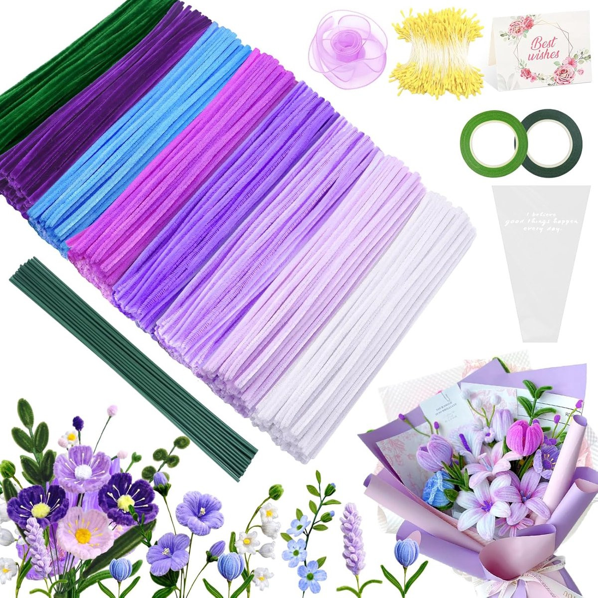 400 stuks Pipe Cleaners voor creativiteit in 8 kleuren inclusief bloemstamen, bloemstelen, groene tapes en fishtail garens