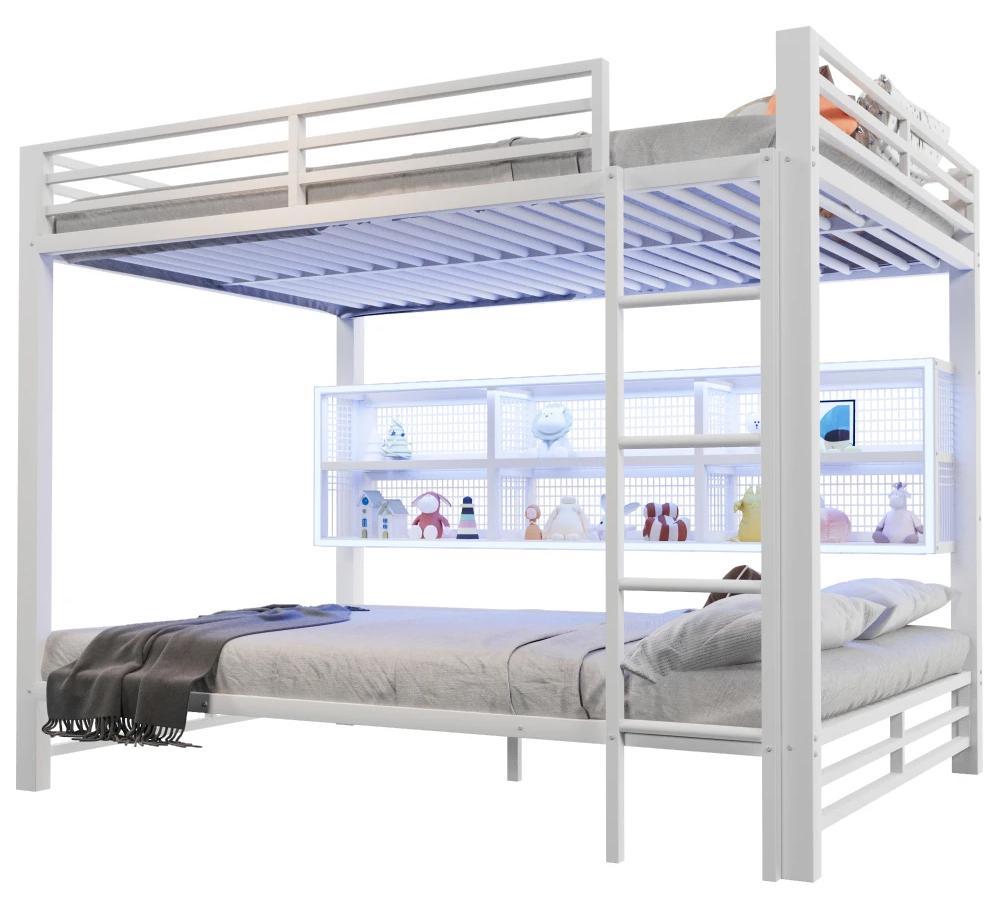 Etagenbett - Kombiniertes Metallbett - 6 Aufbewahrungsschränke - LED-Beleuchtung - Rausfallschutzgitter - 140 x 200 cm - Weiß
