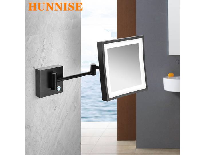 Miroirs de salle de bain en laiton noir, qualité moderne, double bras, extension pliante, maquillage, miroir grossissant LED, miroirs de salle de bains