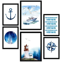 POSTER Set Mit 6 Dekoratives, Blatt Mit Marineblauer A3 & A4 Schwarzer Rahmen