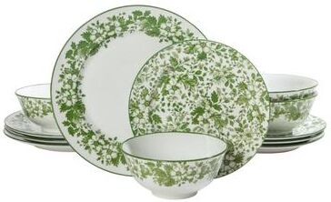 Martha Stewart Bedford Floral 12 Piece Porcelain Dinnerware Set for 4, Green Plates and Bowls