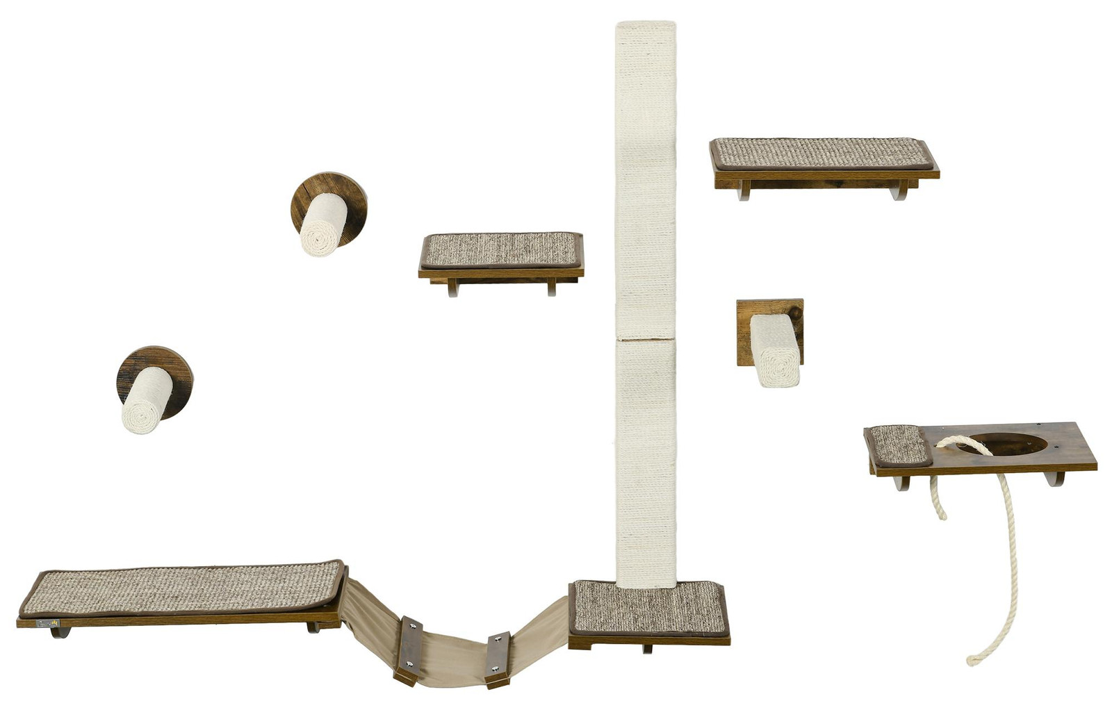 PawHut Klimwand voor katten, 8-delige set met krabpalen, bruin/cremewit