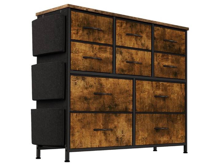 Commode De Chambre Commode à 10 Tiroirs en Tissu Pochettes Latérales Cadre Métal Meuble TV Armoire Meuble De Rangement Marron