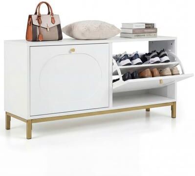 Costway Shoe Storage Bench Narrow Entryway Bench with 2 Flip Drawers Adjustable Shelves-White