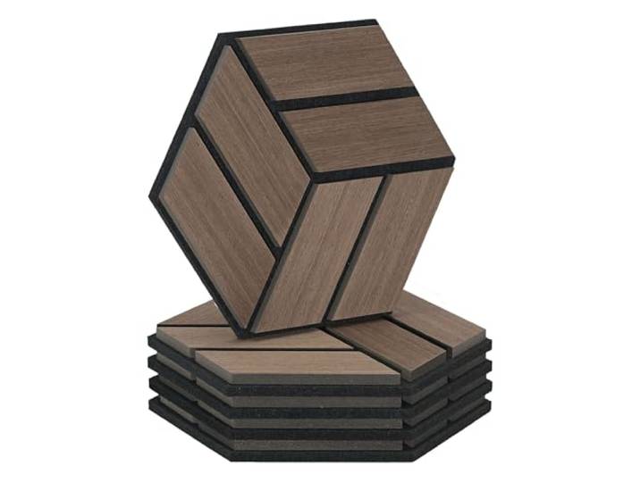 Homestyle4u 5 Stück Hexagon Akustikplatten 30x26x2 cm - Wandpaneele Braun Schallschutz Wanddeko aus MDF & Filz, 3D Holzoptik Schallabsorber für Büro & Wohnzimmer, Waben Design Set Dunkelbraun