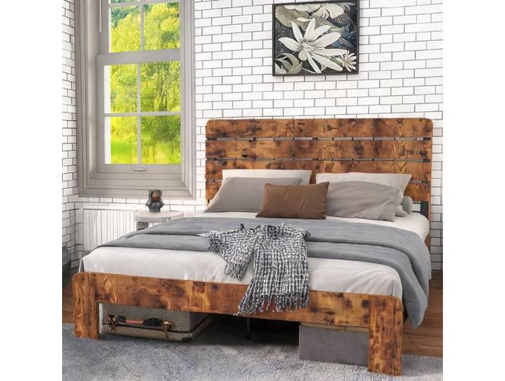 Structure de lit 140x200 cm en MDF et métal warm brown tête de lit haute style antique