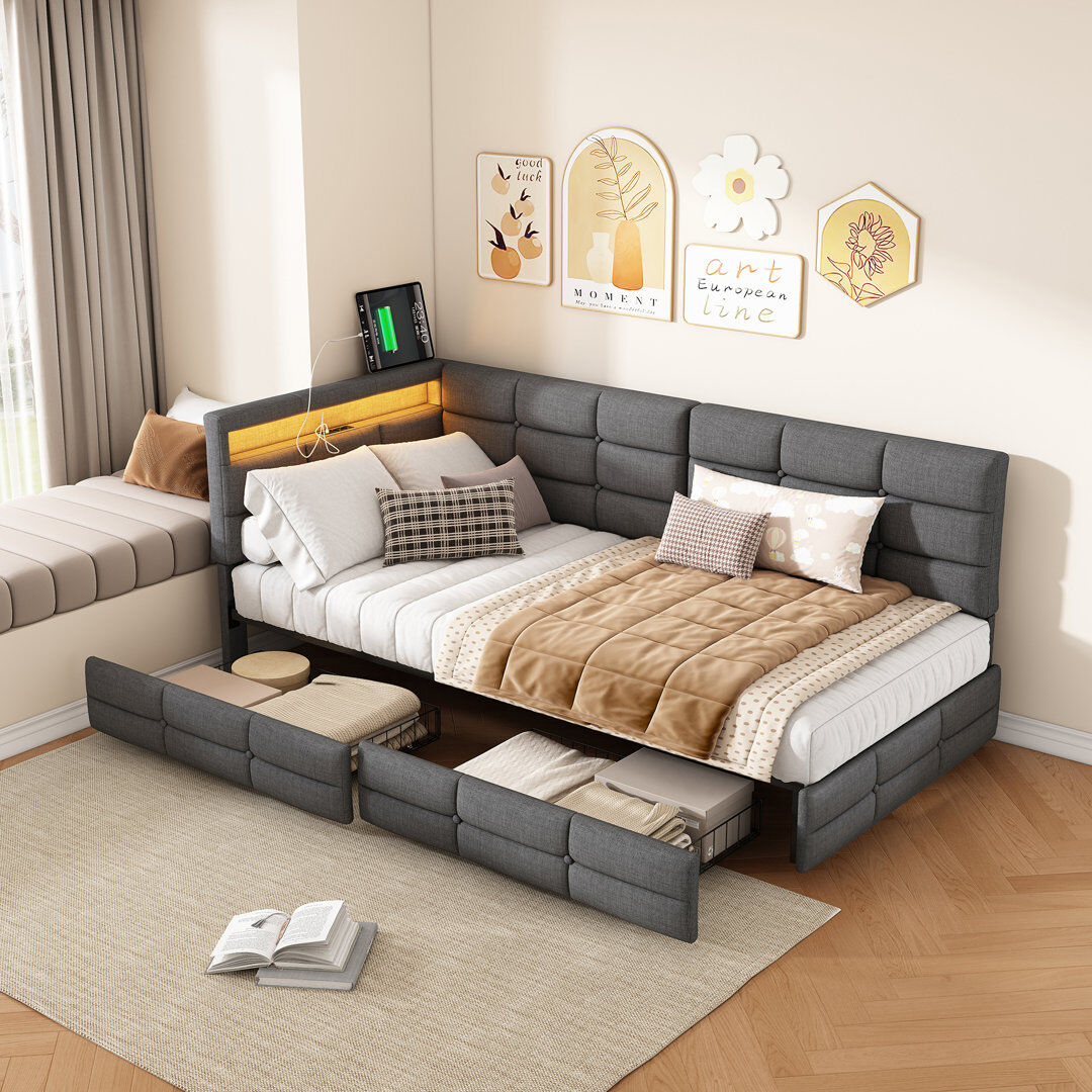 Ivy Bronx Chippenham Daybed With 2 Drawers Without Matress Grey European Single (90 x 200 cm)