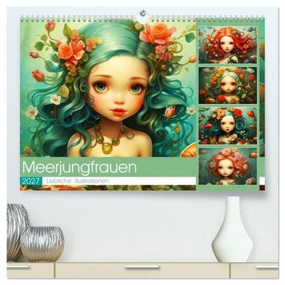 Zauberhafte Meerjungfrauen. Liebliche Illustrationen (hochwertiger Premium Wandkalender 2027 DIN A2 quer), Kunstdruck in Hochglanz