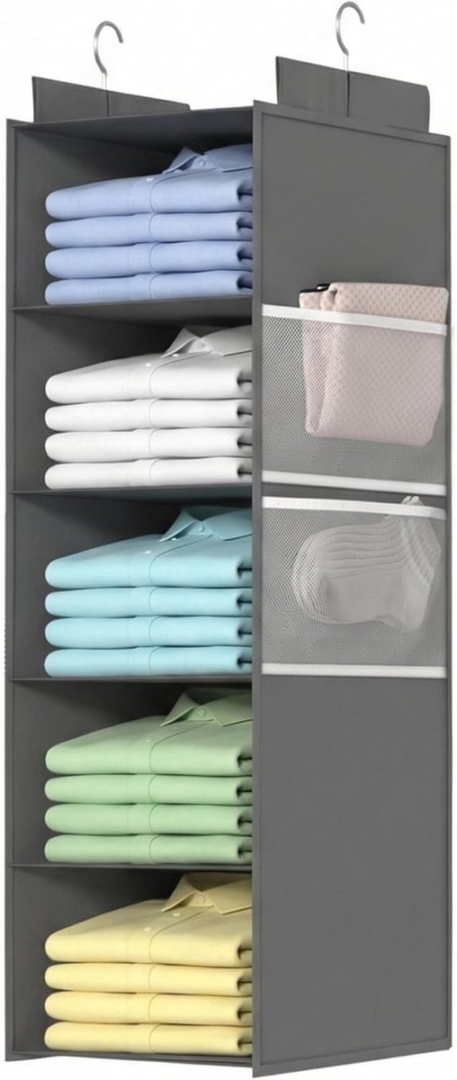 Grijs Hangende Kleding Organizer met 4 Grote Mesh Compartimenten en 5 Planken voor Kleding, Schoenen en Accessoires